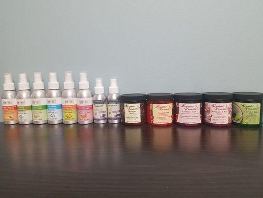 Massage by Mia has seven different aromatherapy linen sprays, and 5 different foot scrubs to choose from.