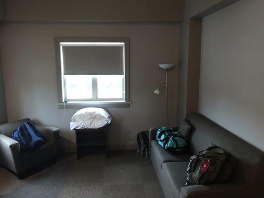 couches and window in Acadian King suite facing the street (TV to left not pictured)