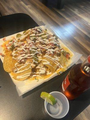 Chicken Nachos, patron shot, reds