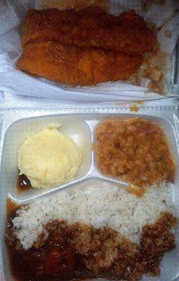 Catfish plate with white beans, potato salad and white rice.