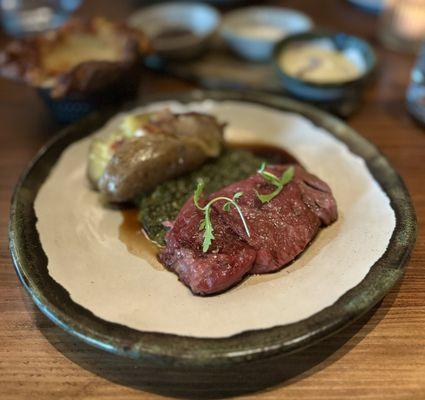 Dry Aged Beef Rib w/ creamed spinach, mini baker, yorkshire pudding, au jus, ka-1, creamy horseradish, smoked wagyu hollandaise