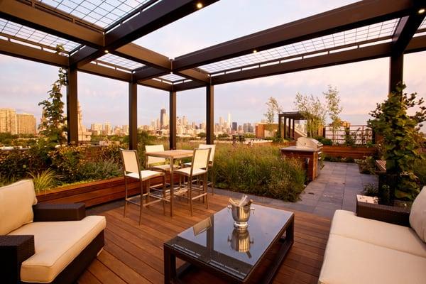 Lincoln Park roofdeck, with Chicago skyline as the backdrop.