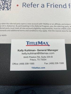 Business card from the general manager