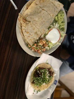 Shrimp quesadilla and beef taco