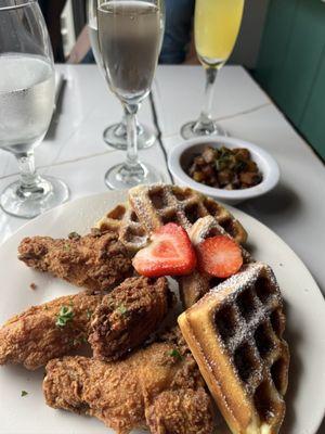 Chicken and waffles w/ lavender mimosa