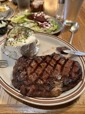 Ribeye14 oz- unfortunately no smaller- take some home with you. Delish potatoe with the steak.