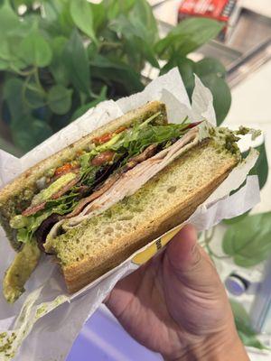 Club: Turkey, Bacon, Avocado, Tomato, Provolone, Red Onion, Sweety Drop Peppers, Lettuce Mix Greens, Pesto, Mayo