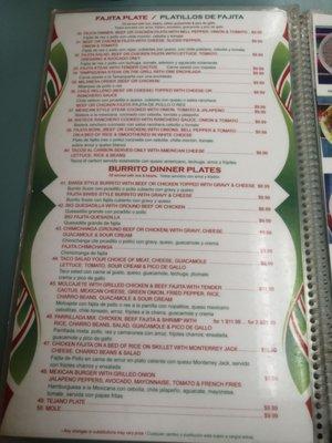 Menu - Fajita and Burrito Plates