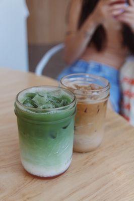 Iced Rose Matcha Latte with Oat Milk, Latte with Oat Milk