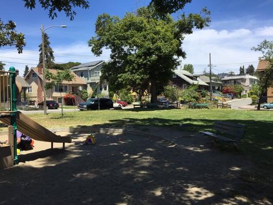 View of small Colby Park from its playground corner.