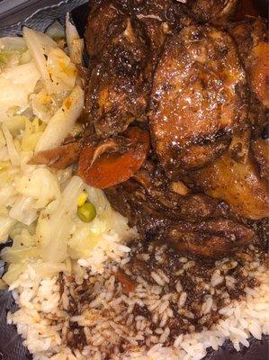 Brown Stew Chicken, rice and cabbage