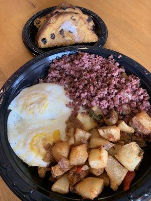 Fried eggs, Corned Beef Hash & Eggs and potatoes plus cinnamon raisin toast