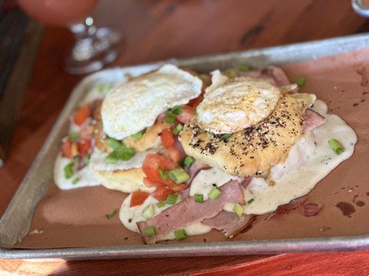 Smothered ham with everything bagel, cheese, and gravy