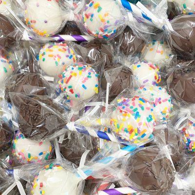 Confetti and Chocolate Cake Pops are among the 10 plus flavors we keep stocked!