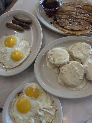 biscuits and gravy and eggs and chocolate chip pancakes