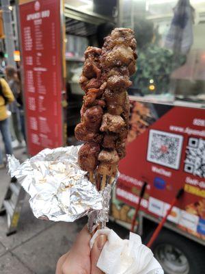 Skewers (lamb and chicken gizzard visible)