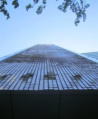 "Firefly" spans all 13 stories. In the wind, the tiles look like rippling water. Lit up at night, they look like hundreds of fireflies.