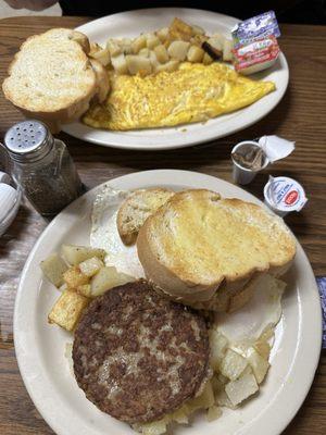 2 eggs over easy, sausage patty, home fries It. toast. Ham and cheese, omelette, home fries, and Italian toast.