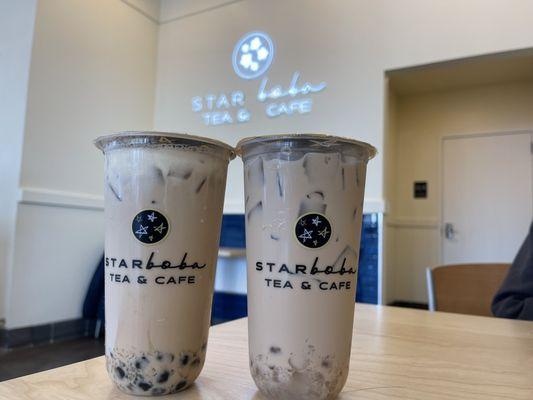 Left: Starboba Milk Tea (Crystal boba, honey boba, crema). Right: Jasmine Milk Tea with Crystal boba.