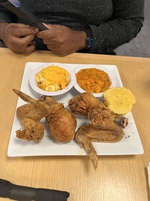 2 Large Lege and 2 Whole Wings with Mac & Cheese, Candied Yams and Cornbread.