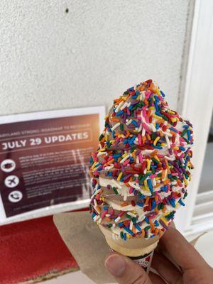 Small vanilla/chocolate swirl with rainbow sprinkles