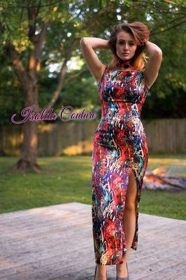 Red Graffiti Print Silk Gown by Isolda Couture.