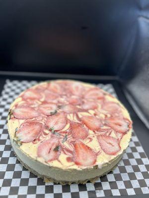 Strawberry lilikoi cheesecake. Gluten free vegan