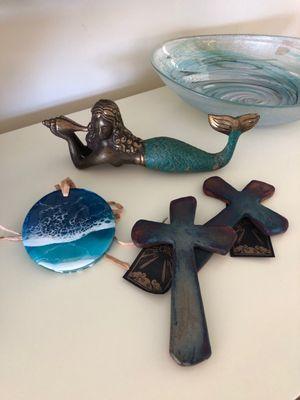 Bronze mermaid, Raku ceramic crosses, epoxy resin art