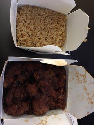 General Jou's Chicken with fried rice as delivered to my hotel. Appreciated that they included a plate and silverware