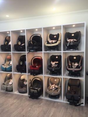 Come see our amazing selection of Peg Perego, Cybex, Nuna, Clek, Maxi Cosi Infant, Convertible & Booster car seats beautifully displayed.