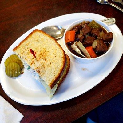 Light lunch. Grilled tuna melt, small bowl of vegetable soup, pickles. Perfect and delicious