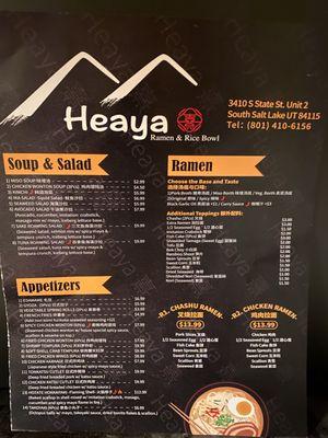 Soup, salad, appetizer, and Ramen menu