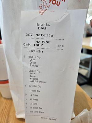 My order and how the cashier thought Mary Ann was spelt.