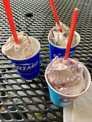 Frosted Animal Cookie Blizzard Treat, Cotton Candy Blizzard Treat, & Oreo Cookies Blizzard Treat.