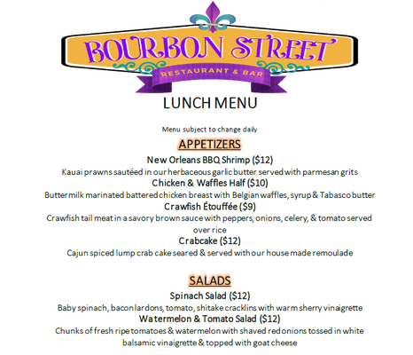 Bourbon Street Lunch Menu