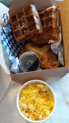 "The Works" - chicken, waffles,  Mac n Cheese