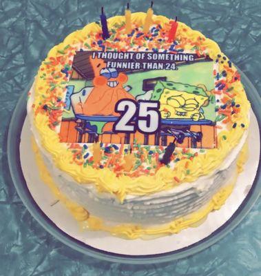 8" round ice cream cake with yellow icing. I provided the Spongebob picture to the location for them to use.