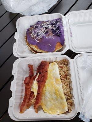 Ube pancakes and forty niner breakfast with bacon