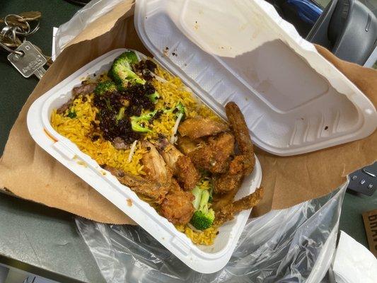 4 Chicken Wings With Spicy Beef Fried Rice with Broccoli