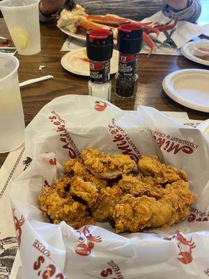 Fried Oysters Basket not sure why it's called a basket was no fries or cole slaw! Came with it! Should of been on a plate!! Lol