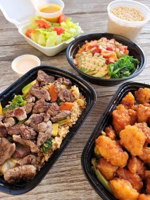 Hibachi Steak, Spicy Tuna & Salmon Poke Bowl, General Tso's Chicken and a side salad