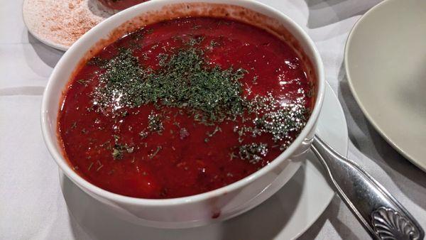 Ukrainian borscht (quite tart, interesting, comes with veges and beans inside)