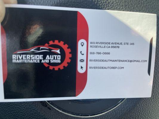 Riverside Auto Maintenance and Smog's buisness card