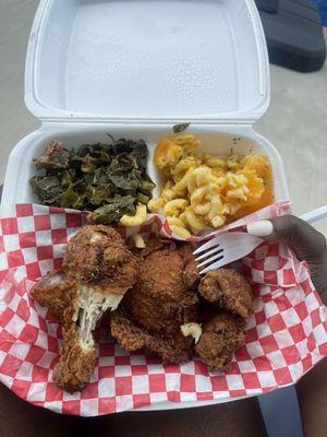 Fried chicken, baked Mac and cheese and collard greens