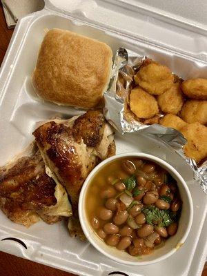 Three piece dark with ranchero beans and Corn Fritters