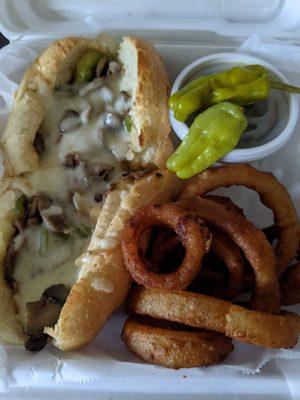 Cheese steak with onion rings and au jus.  So tasty.  Just what I needed.