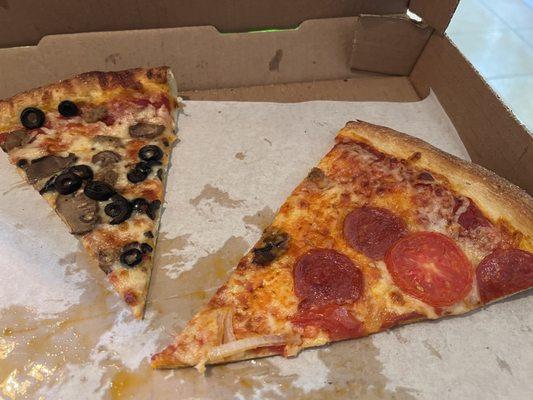 Sausage, mushrooms, and black olive pizza.   Pepperoni, onion, and fresh tomatoes pizza.