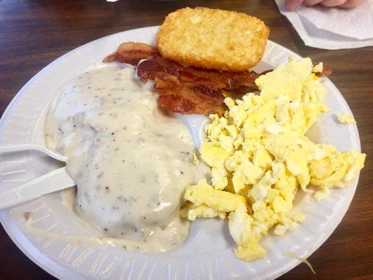 Bacon was crisp.  Hash browns were frozen (perfect rectangle); biscuits & the gravy were the canned or a mix respectively.