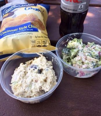 Chicken grape nut salad, broccoli salad, Cincinnati Style Chili Potato Chips and Diet Coke- all under $6