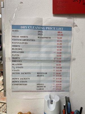 Dry Cleaning prices